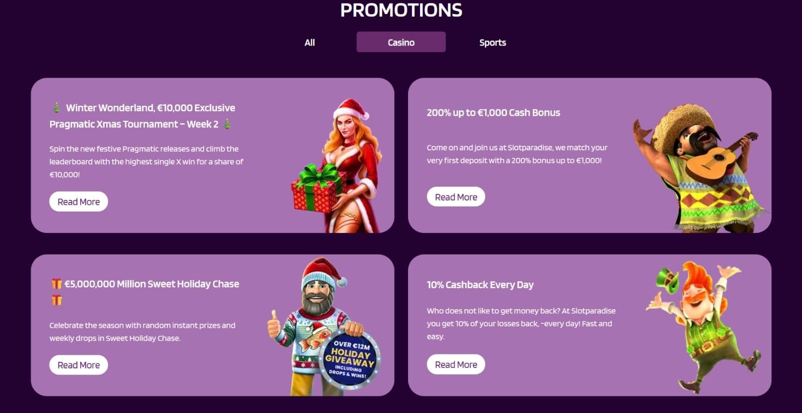 Slotparadise Casino's promotions page with the welcome bonus, 10% daily cashback, and other bonus offer banners and sports bonus section menu
