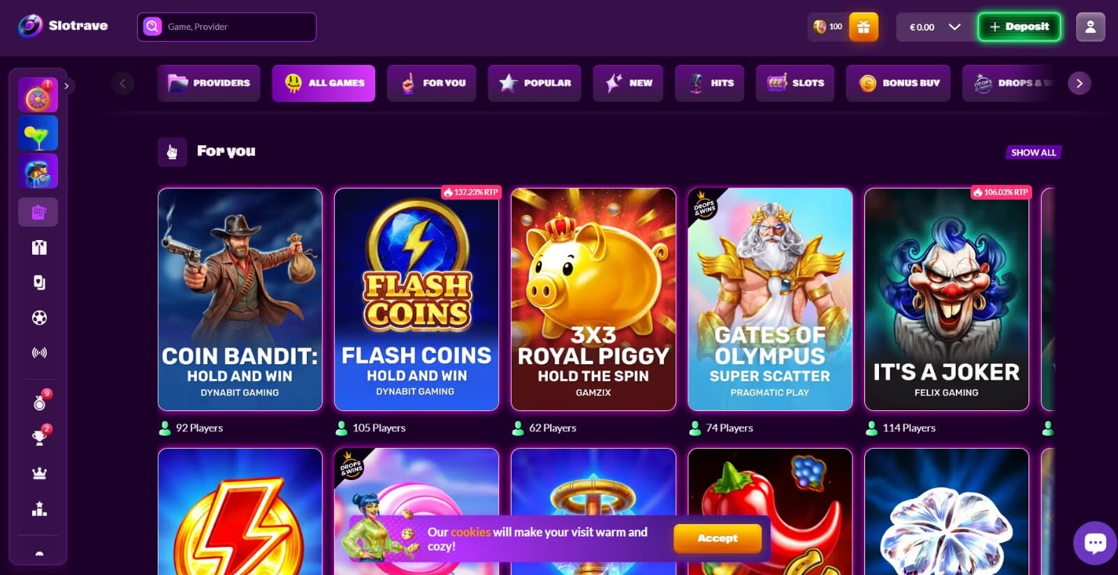 SlotRave Casino games page featuring slots, table games, crash, and live games, under sorting category menus and filters