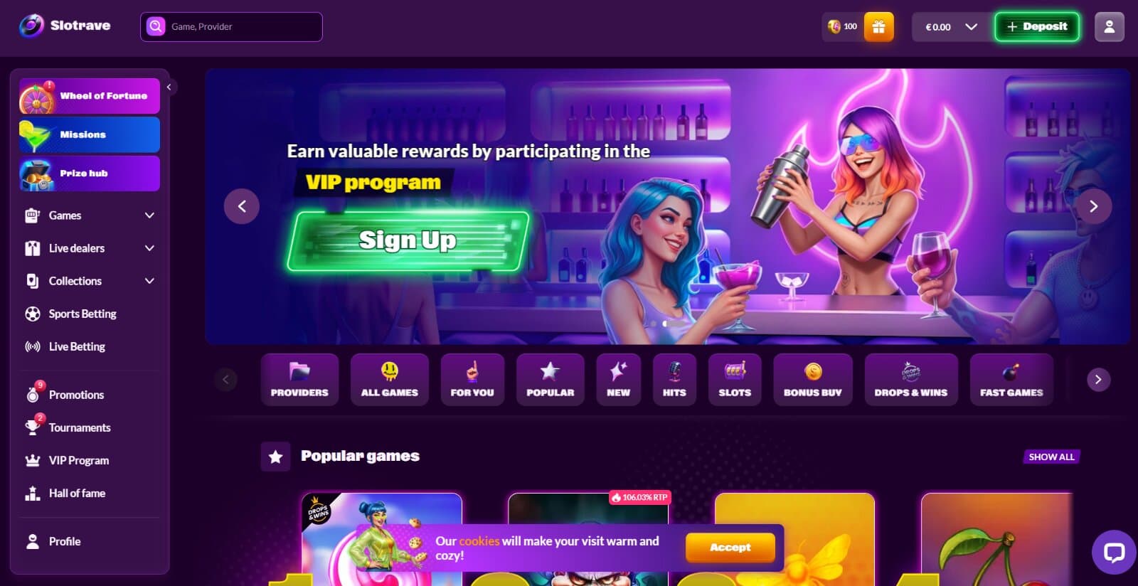 SlotRave Casino landing page featuring the sign up banner for the VIP program, with game categories and popular games section beneath it