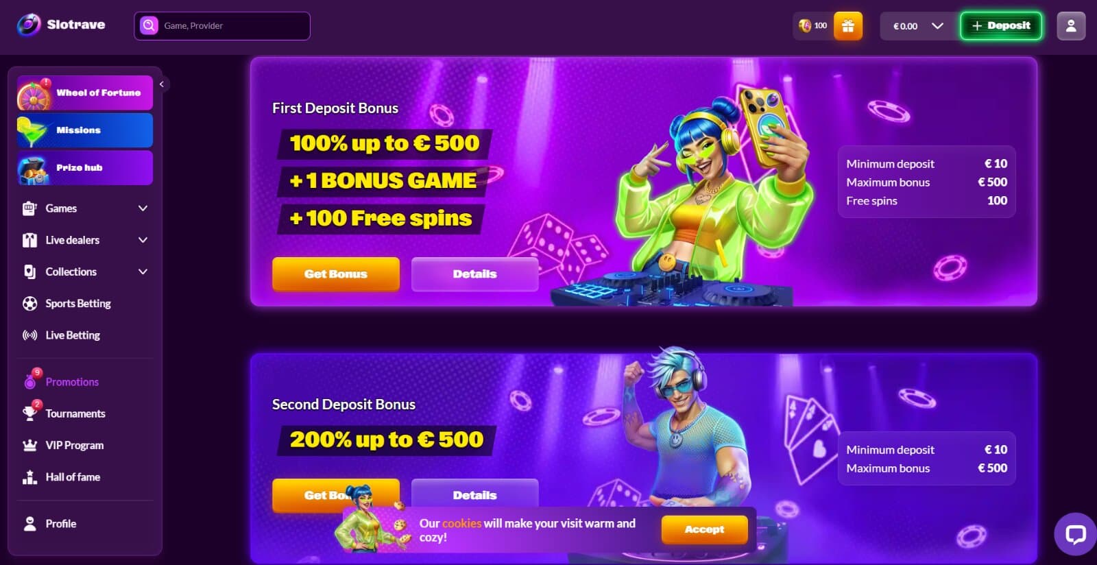SlotRave Casino Promotions page featuring the welcome deposit bonuses, reload bonuses, and other offers with images of reave DJ characters