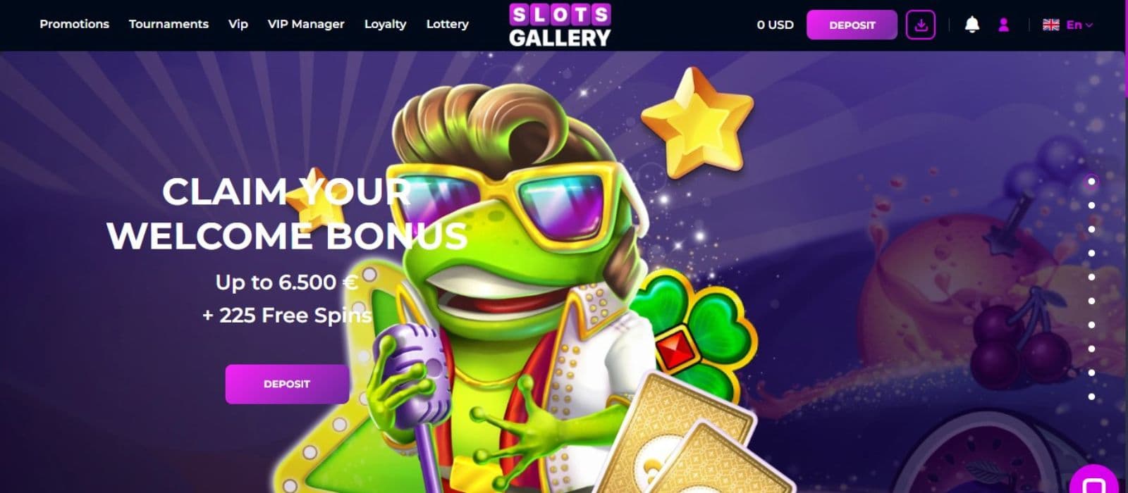 Slots Gallery Casino's landing page, showing the welcome bonus worth up to €6,500 plus 225 free spins.