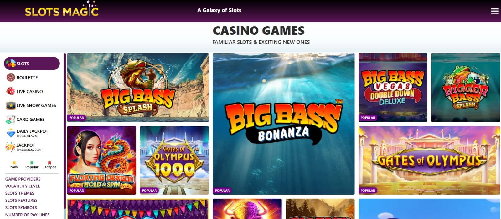 SlotsMagic games page showing a selection of slot games