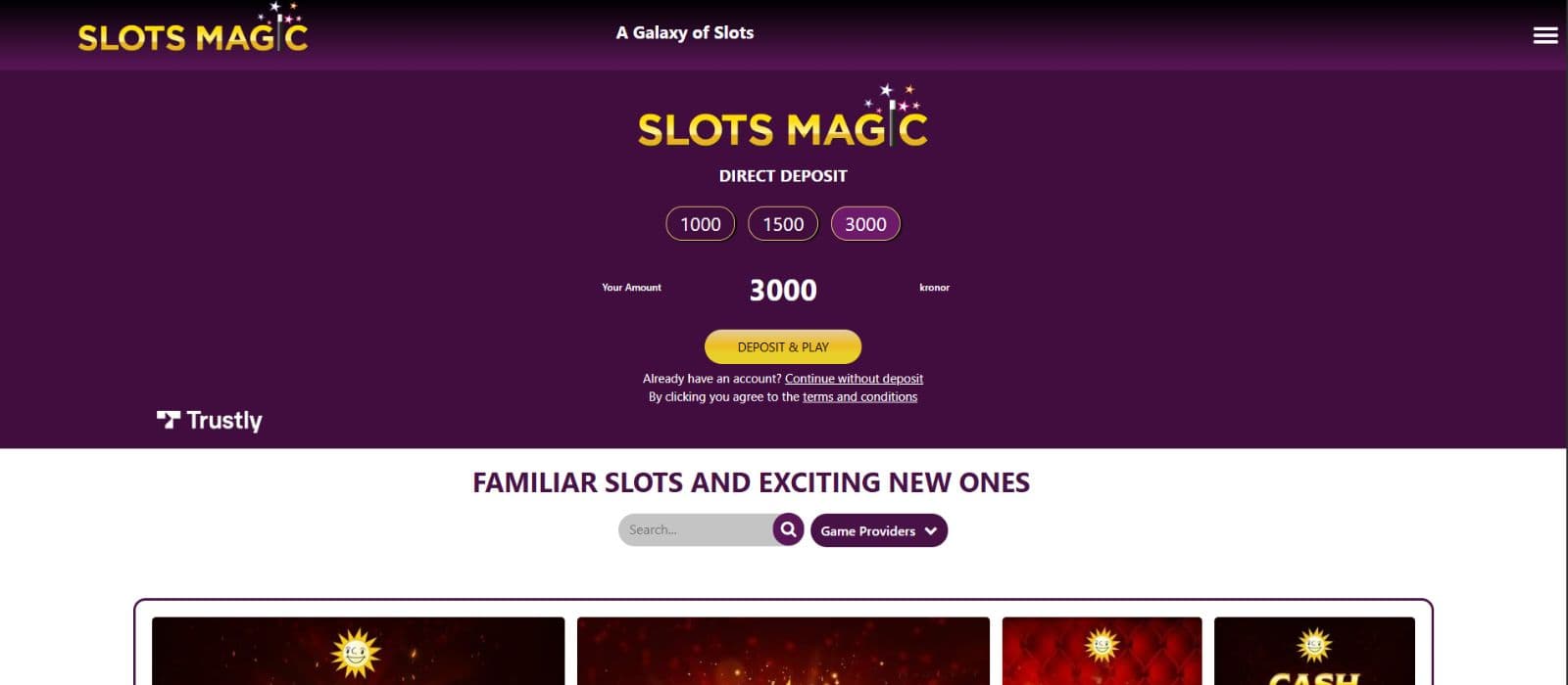 Slotsmagic landing page showing the direct deposit options