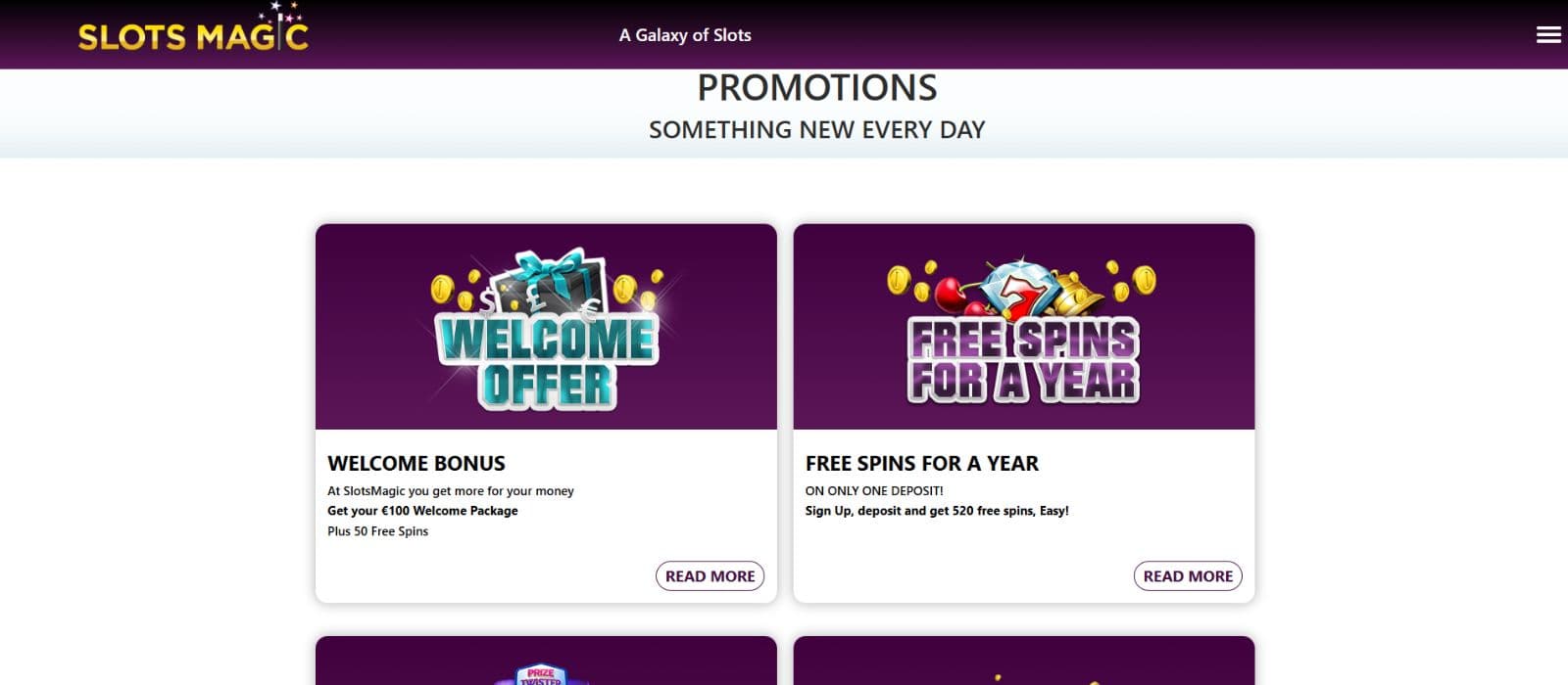 SlotsMagic promotions page showing the available promotions and the welcome offer