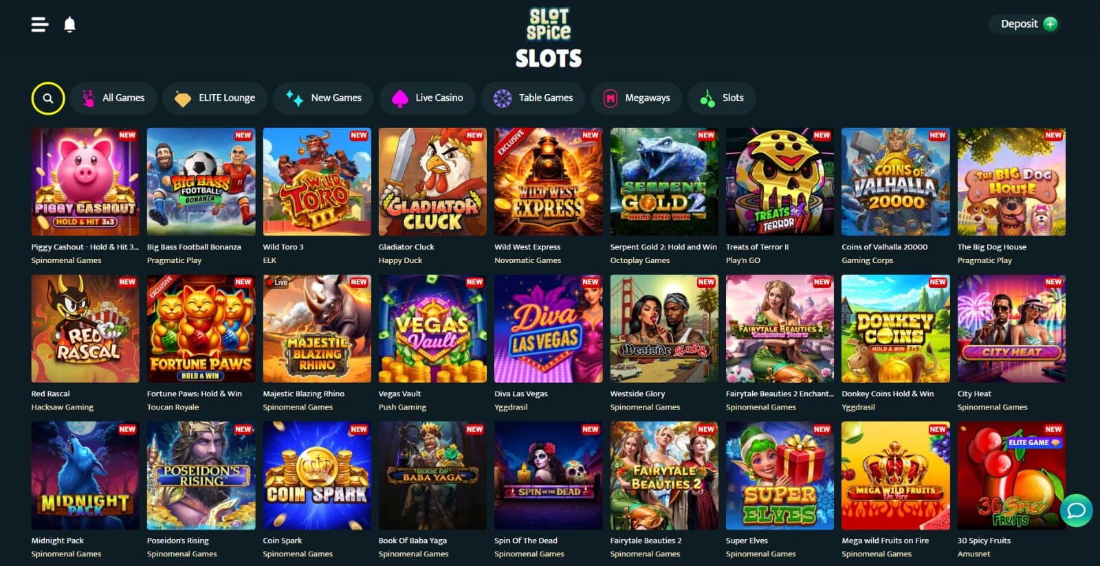 SlotSpice Casino's games page listing the slots, table, live and crash games with their respective icons under tab categories