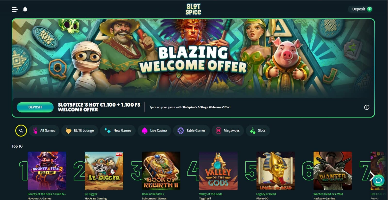 SlotSpice Casino's landing page featuring the banner of the welcome package bonuses and the top slot games images