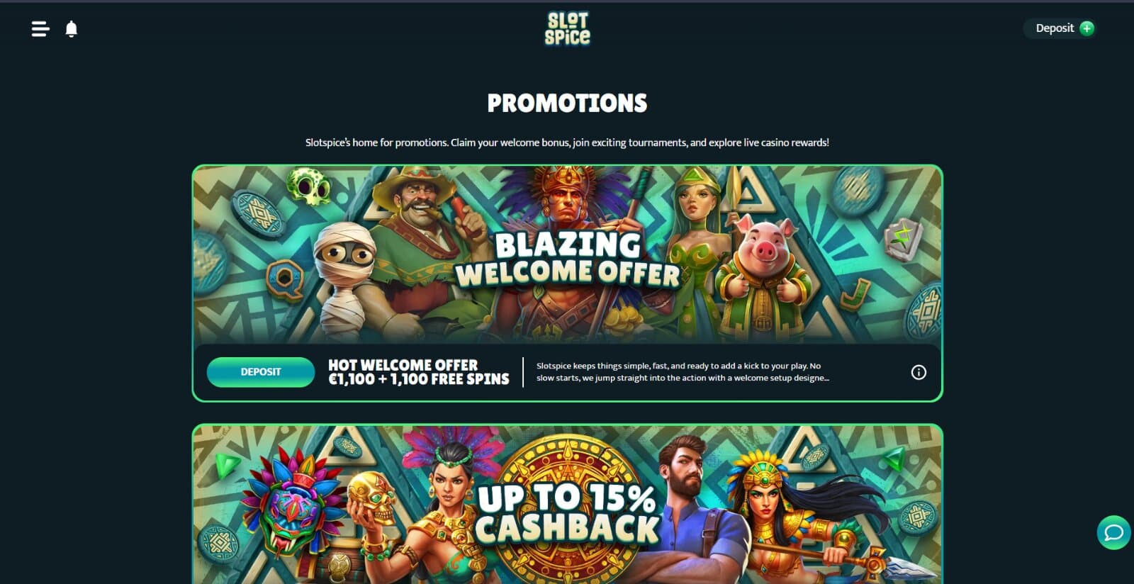 SlotSpice Casino's promotions page listing the signup offer, 15% cashback, loyalty, slot tournaments and promotional images