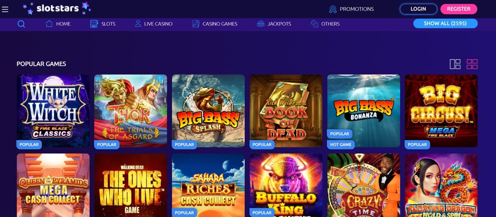 Slotstars Casino's game page featuring popular slot titles such as Big Bass Splash and Buffalo King