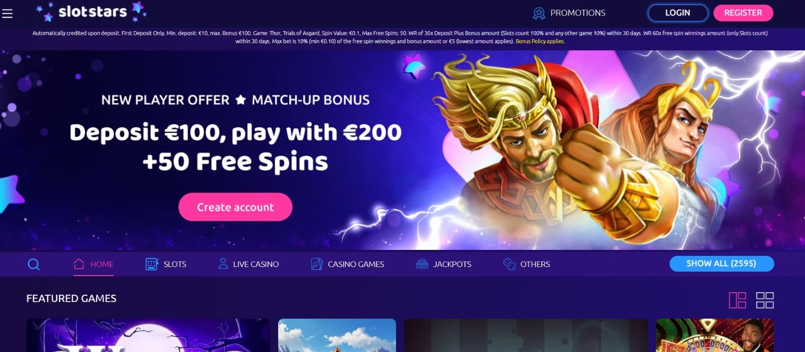 Slotstars Casino's landing page featuring the 200 euros and 50 free spins welcome bonus with banner image of Thor slot game above game categories