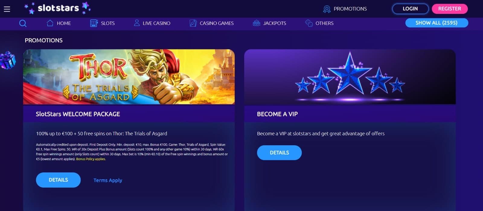 Slotstars Casino promotional page featuring the welcome bonus, VIP club and Daily picks offers