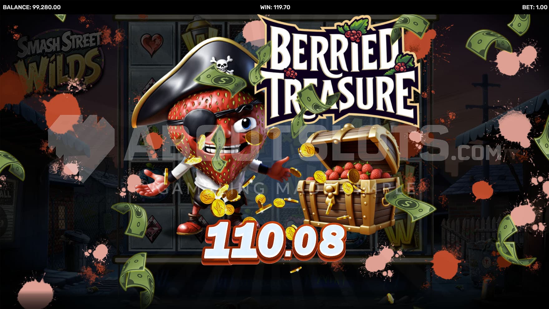 Big Win celebration screen titled "Berried Treasure" with a pirate strawberry character next to a treasure chest.