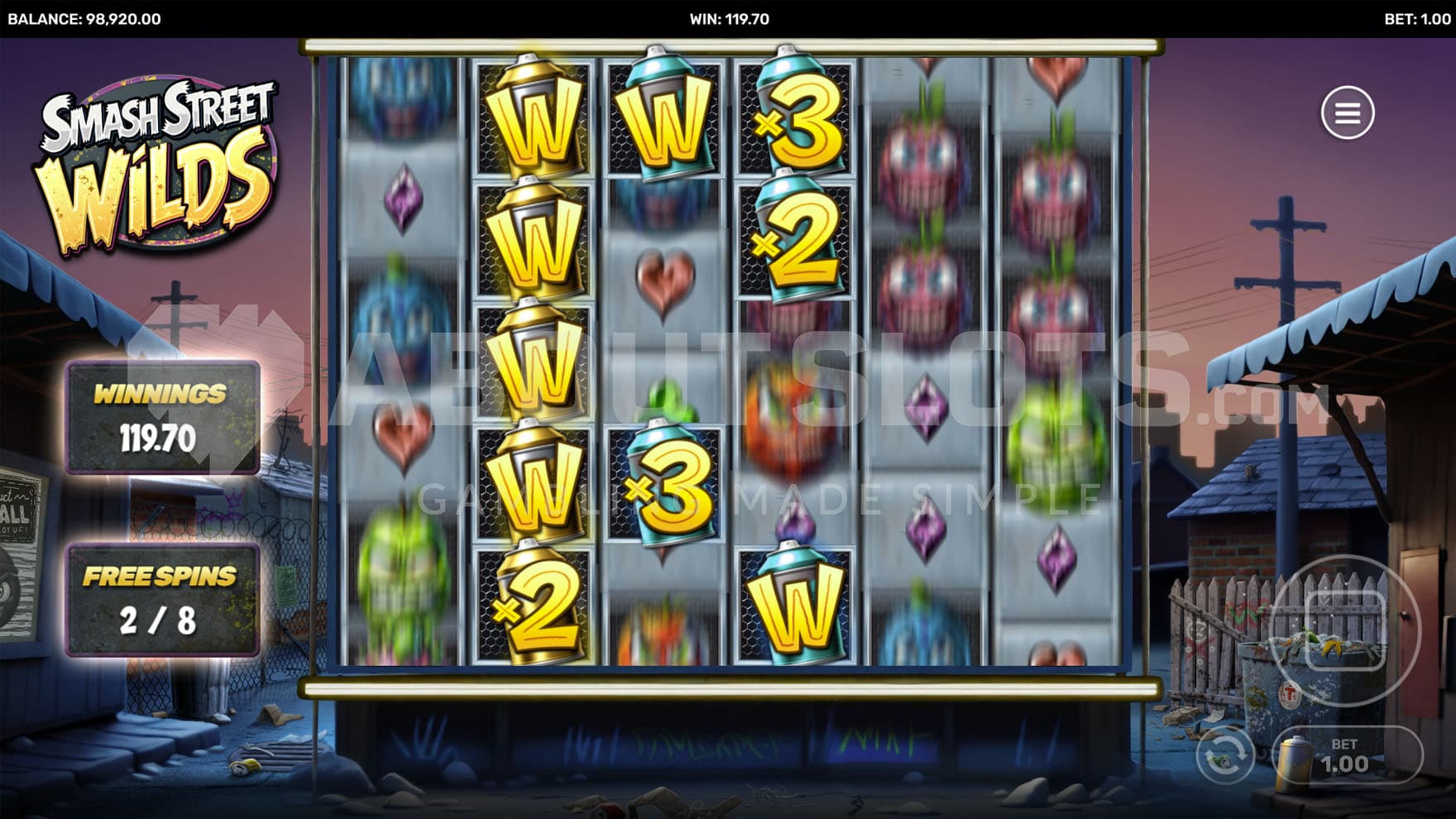 Free Spins bonus in progress with multiple Wilds and Multiplier Wilds sticky on the reels during a spin.