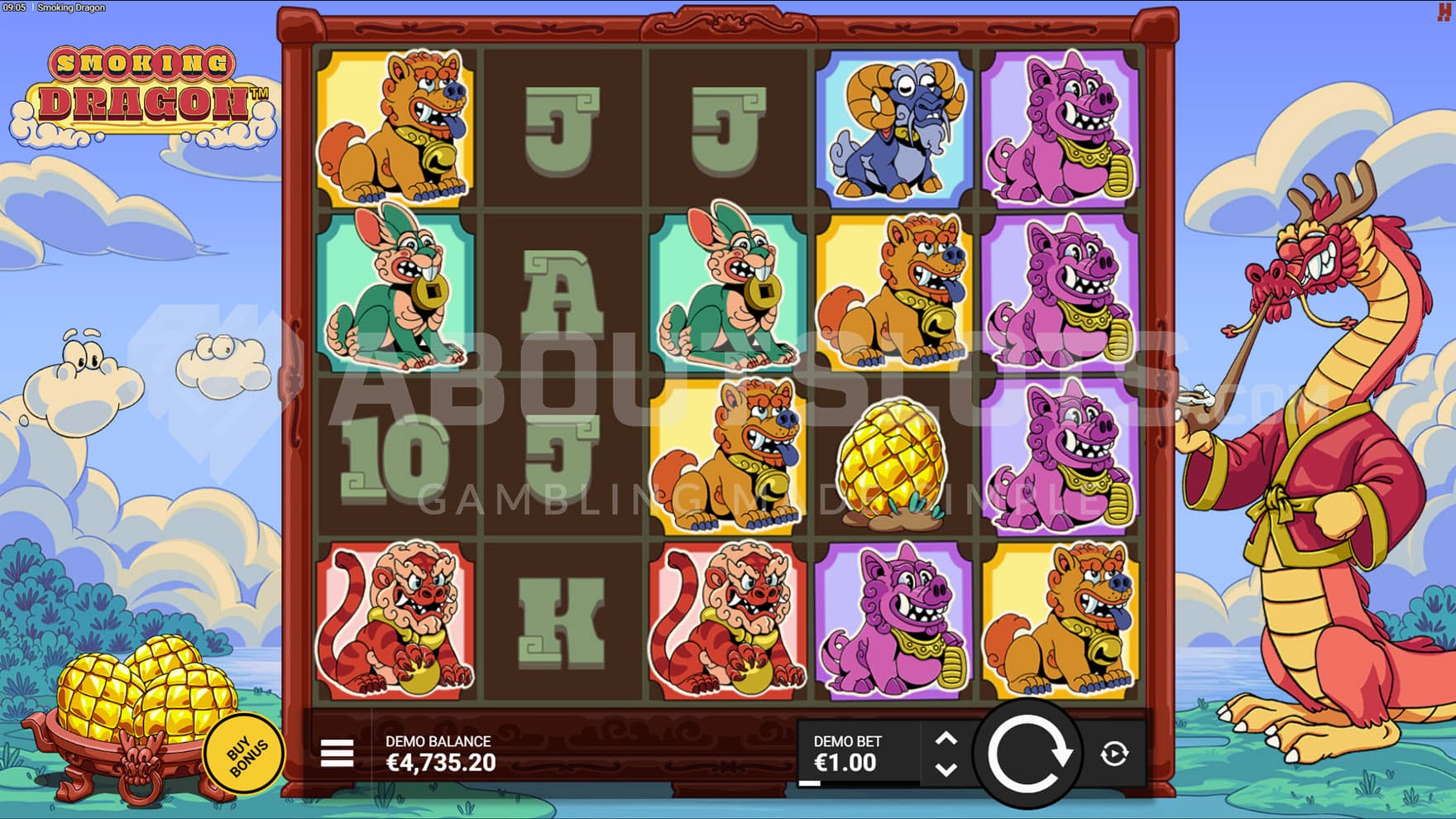 Base Game view of a 5x4 grid on a cartoony backdrop of a natural landscape, with a red dragon smoking a pipe on the right.