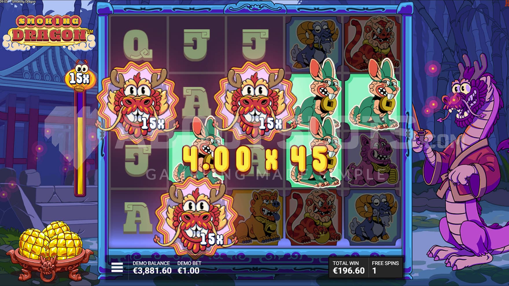 Fire and Fortune Epic Bonus in progress, showing three Wilds with x15 multipliers forming a big win.