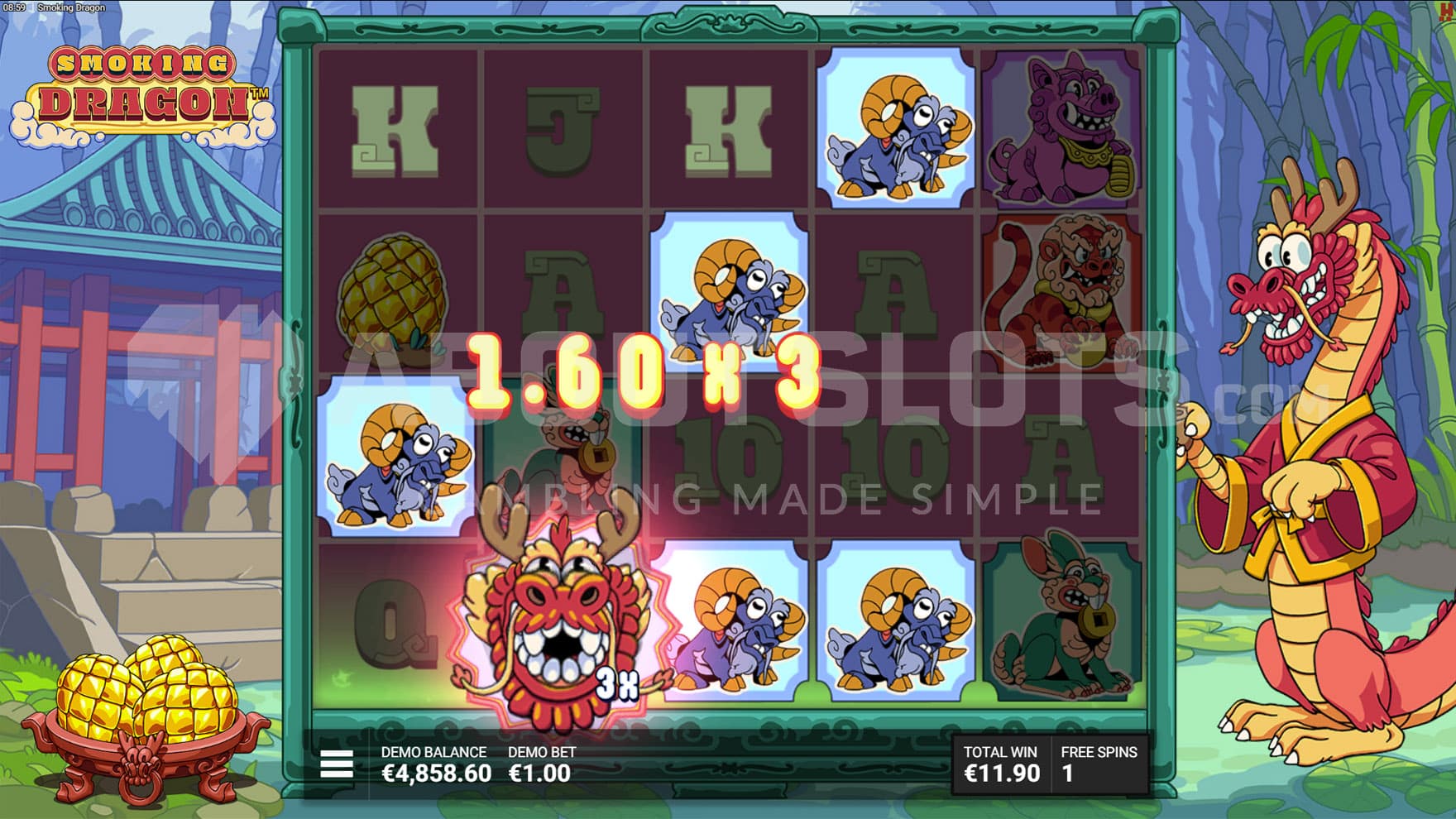 Puff of Luck bonus in progress, showing a Wild with x3 multiplier forming a win.