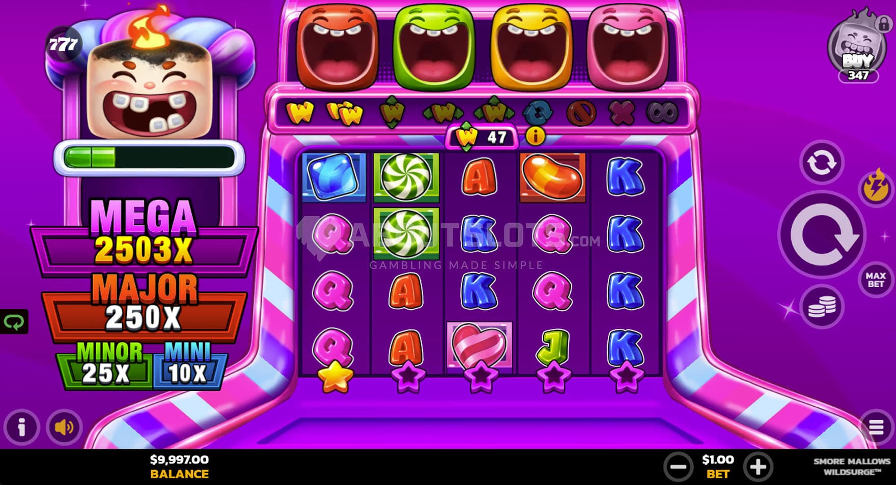Screenshot of the base game, showing a 5x4 grid on a purple backdrop, surrounded by a candy cane pattern.