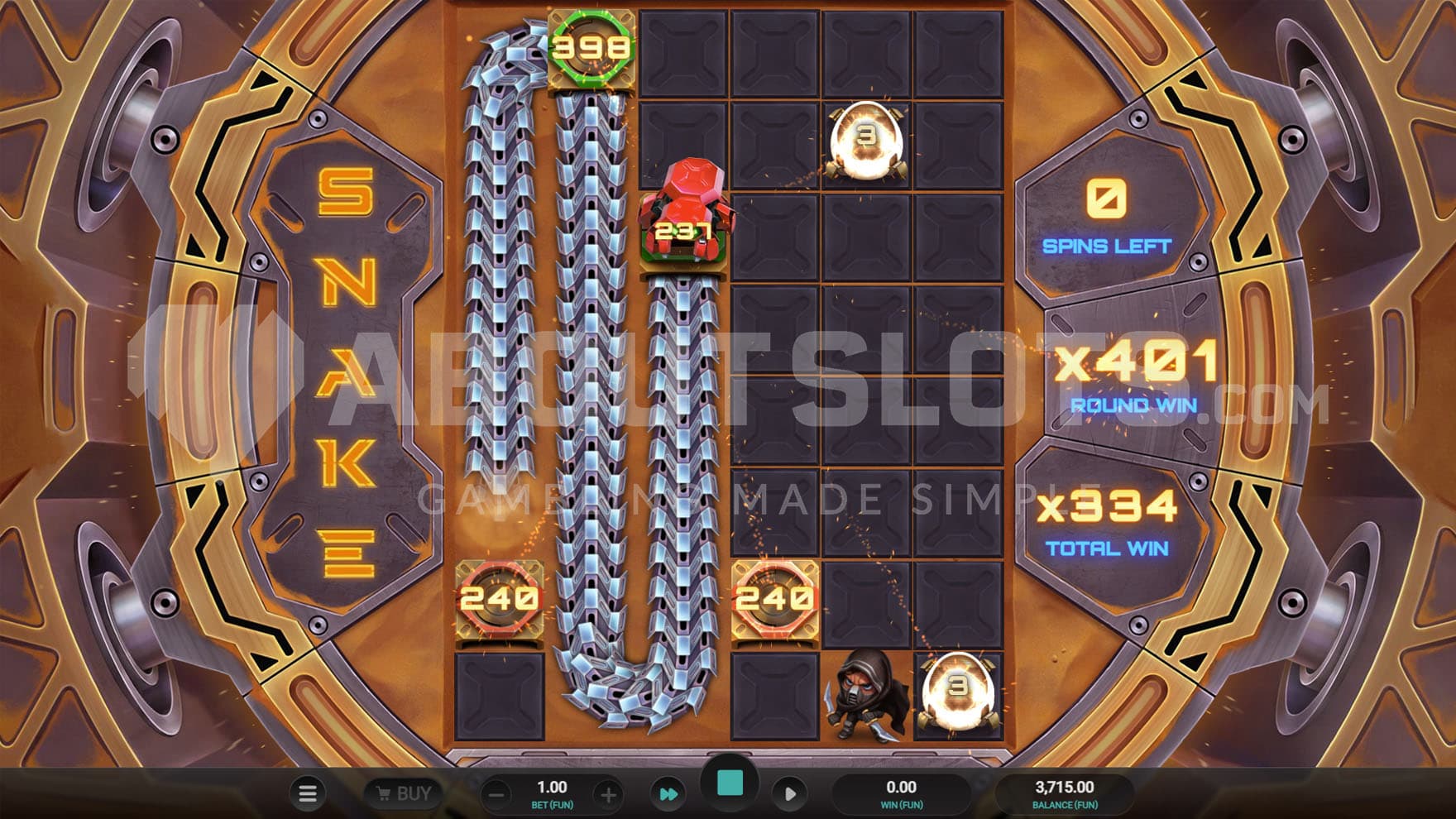 Super Arena Spins bonus in progress, showing multiple prize symbols on the grid and a snake traversing through them.