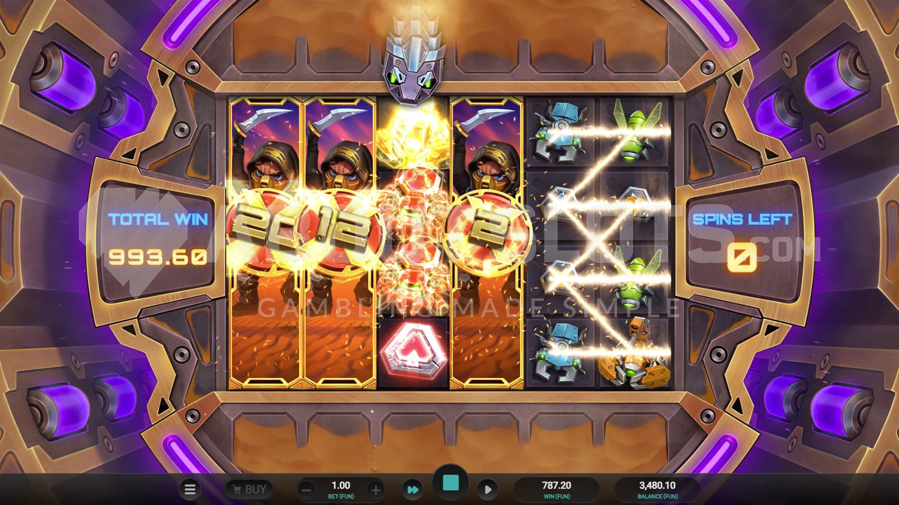 Super Slayer Free Spins in progress, showing reels 1, 2, and 4 occupied with expanded Wilds with multipliers of x20, x12, and x2.