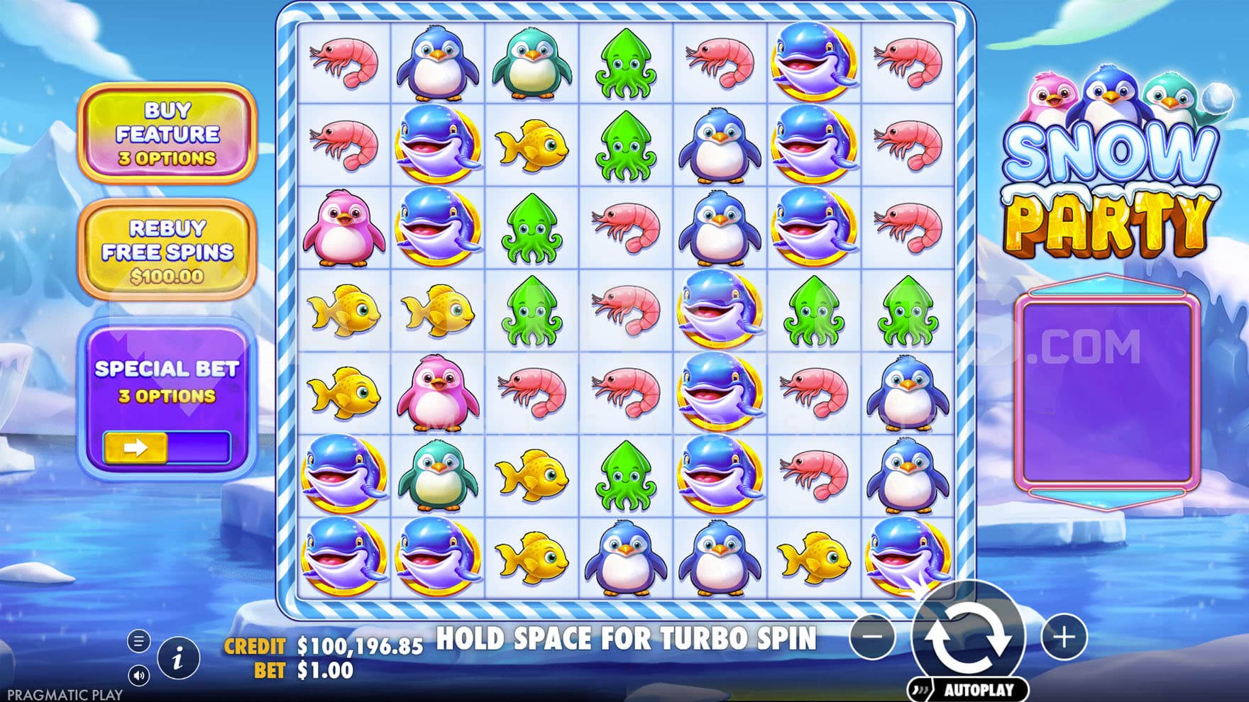 Base Game view of a 7x7 grid on a backdrop of an icy natural landscape.