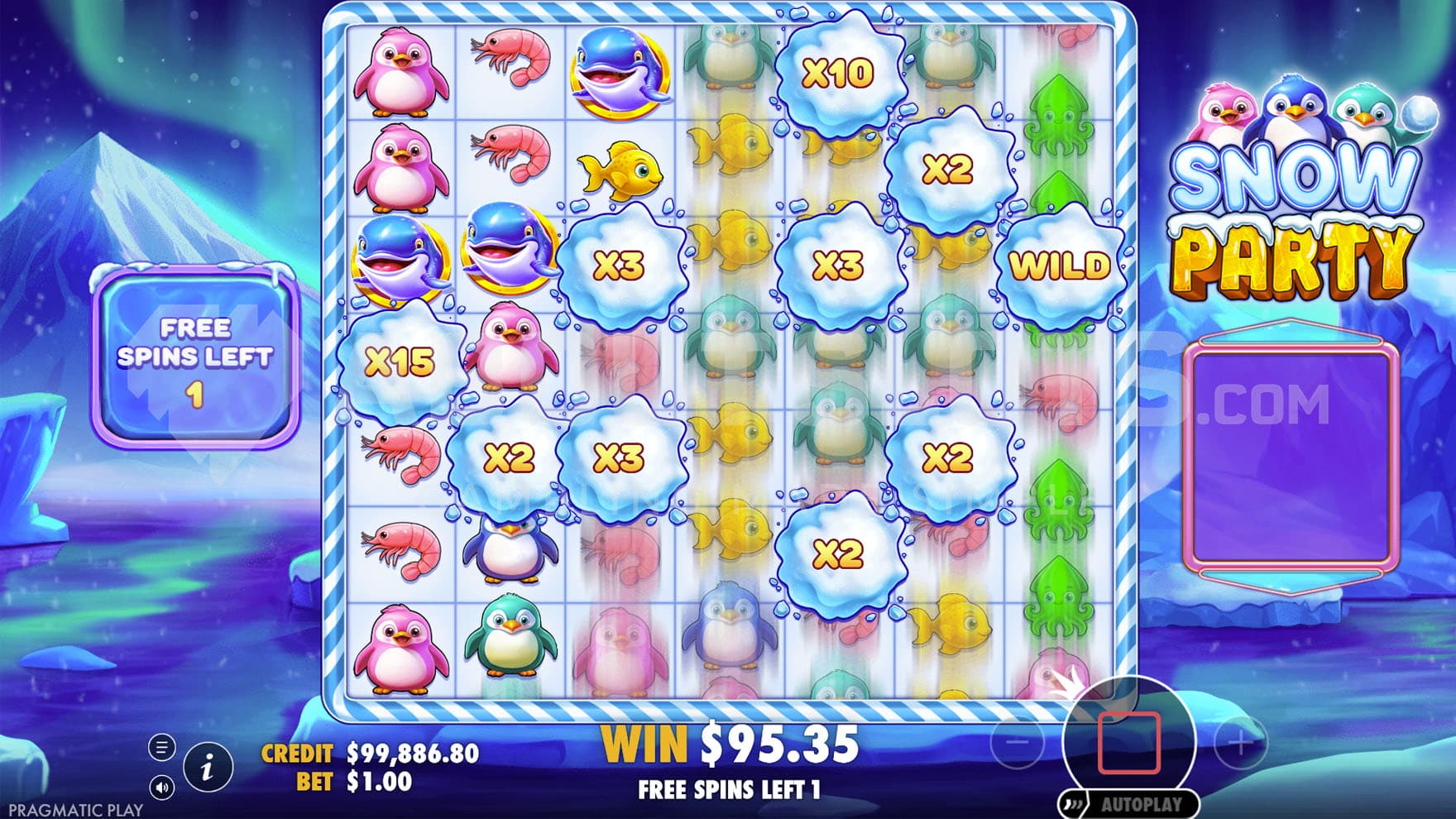 Free Spins bonus in progress, showing several Multiplier Wilds sticky on the grid during a spin.