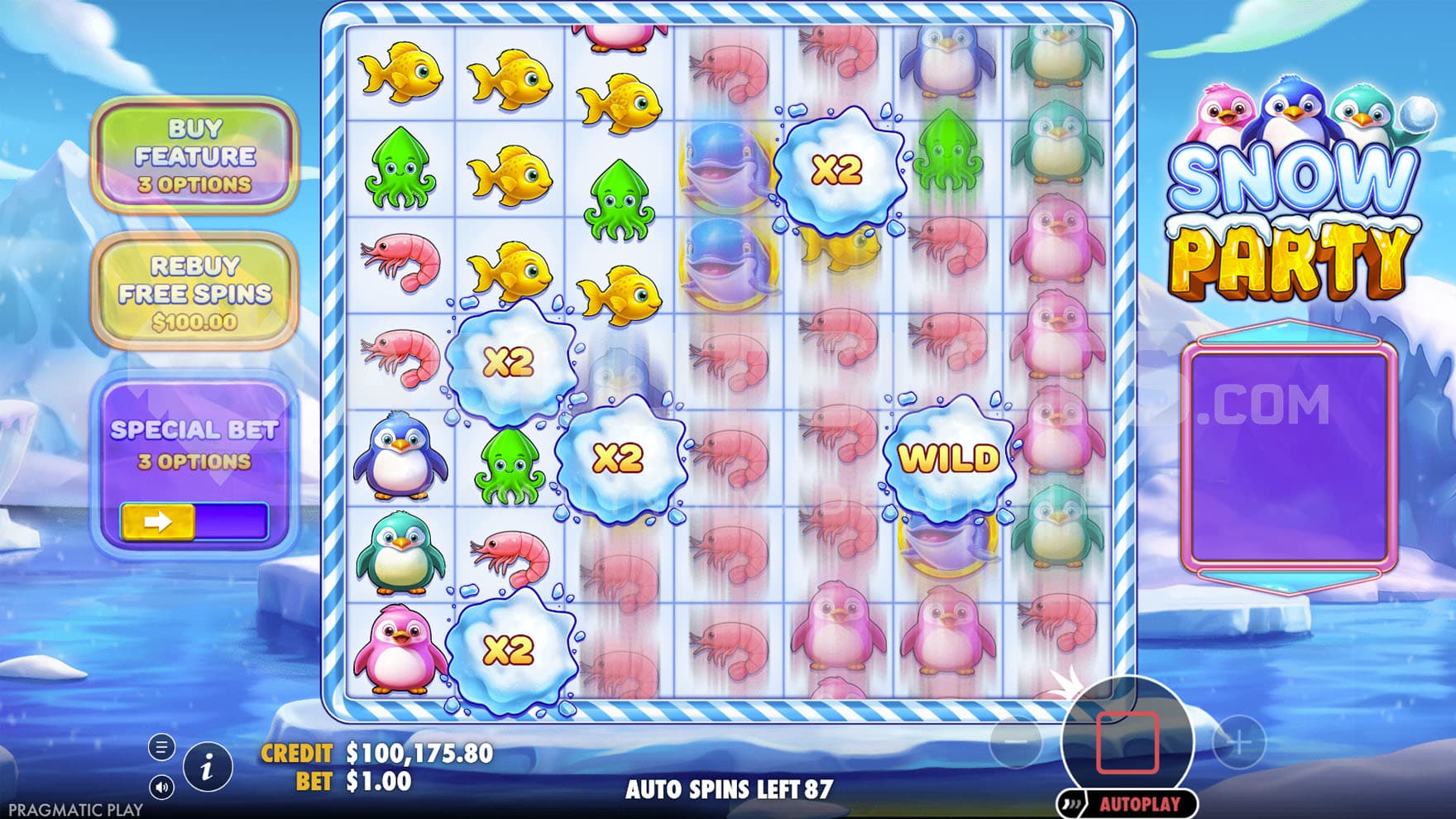 Wild Respin feature triggered in the base game, showing several Wilds with multipliers sticky on the grid during a respin.