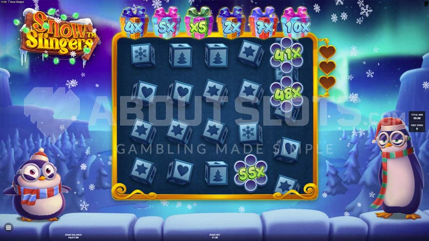 Throw Snow Bonus game with beautiful northern lights in the background.