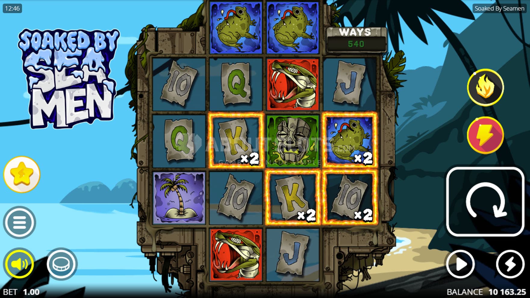 Base Game view of a 4-reel grid on a backdrop of a cartoony tropical island.
