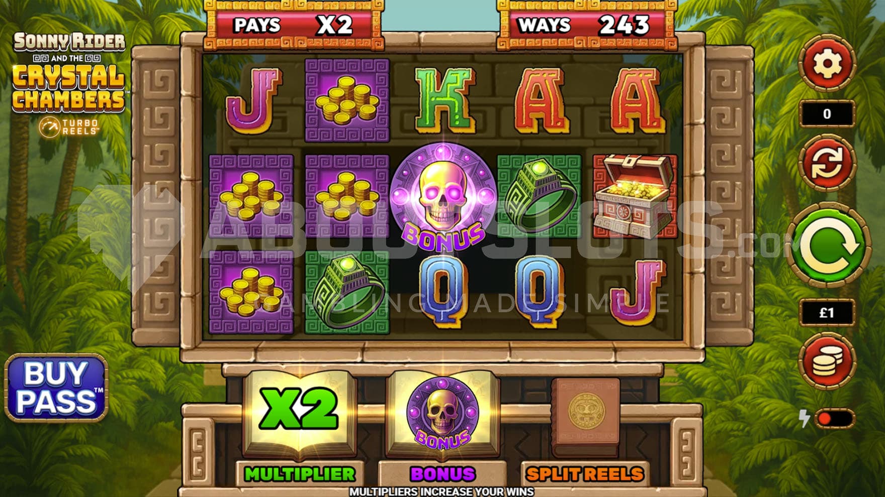 Base Game view of a 5x3 grid inside an Aztec-themed stone frame on a backdrop of a jungle.