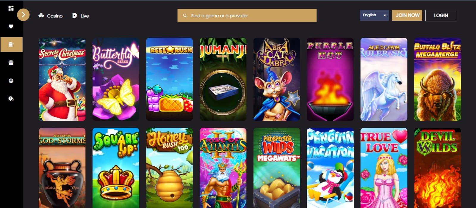 SprakleSlots Casino games page with all slots under search filter
