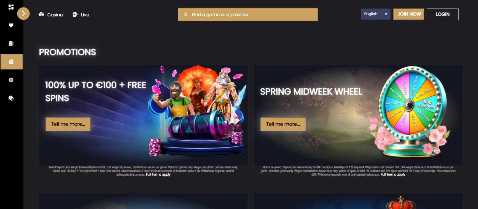 SprakleSlots Casino promotions page with welcome bonus and spring midweek wheel