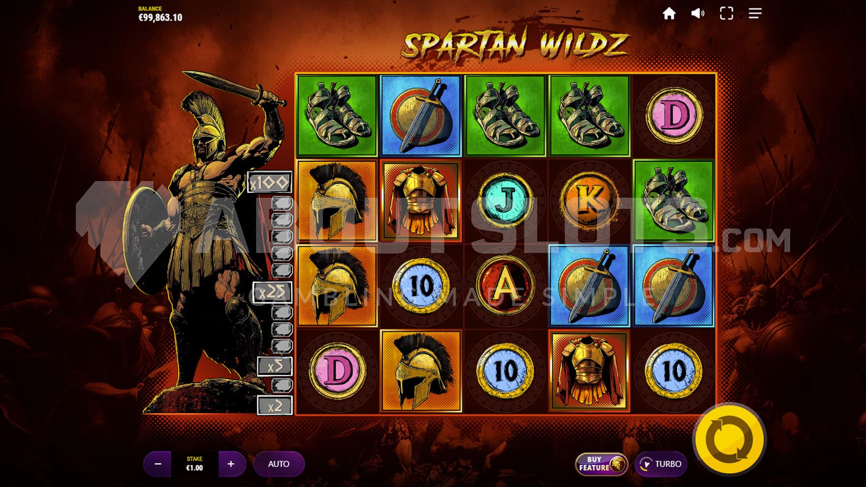 Base Game view of a 5x4 grid on a backdrop of a battle scene.