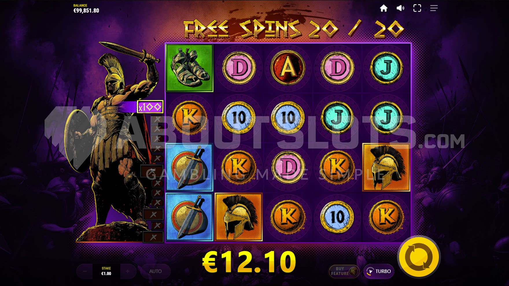 Free Spins bonus showing the progressive multiplier advanced to x100.