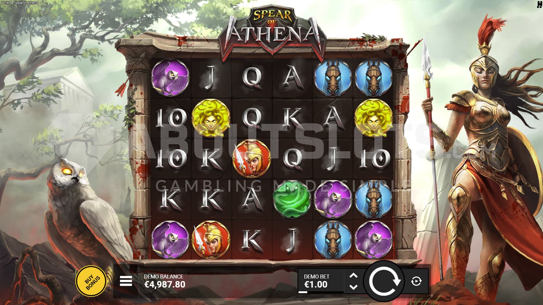 Base Game view of a 6x5 grid on a backdrop of a Greek city destroyed by war, with Athena standing on the right and her owl on the left.