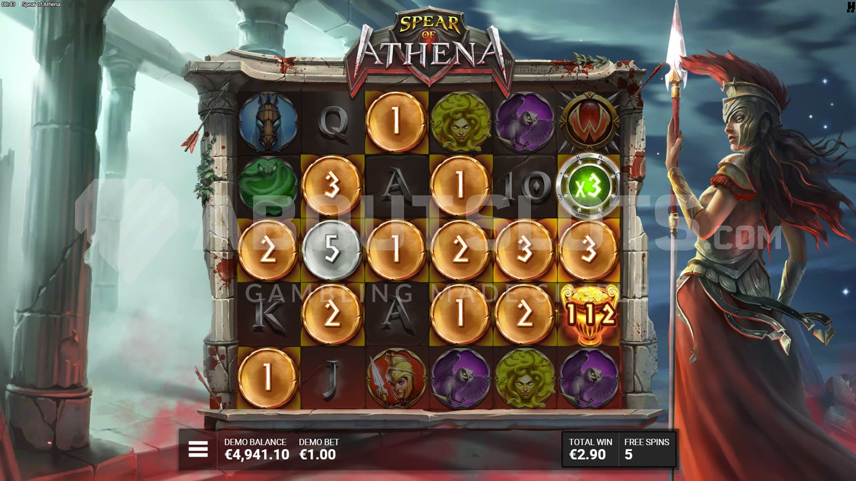 Omen of War Bonus in progress, showing a win with multiple Coins, one Amphora collector and a multiplier of x3.