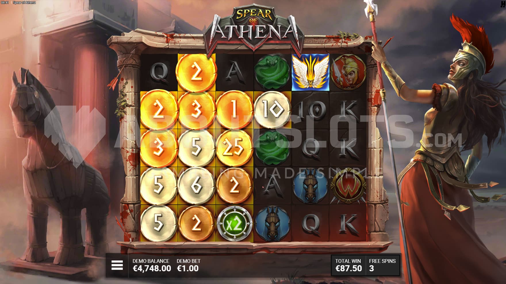 Siege of Troy Bonus in progress, showing a win on multiple Coin symbols with an x2 multiplier.