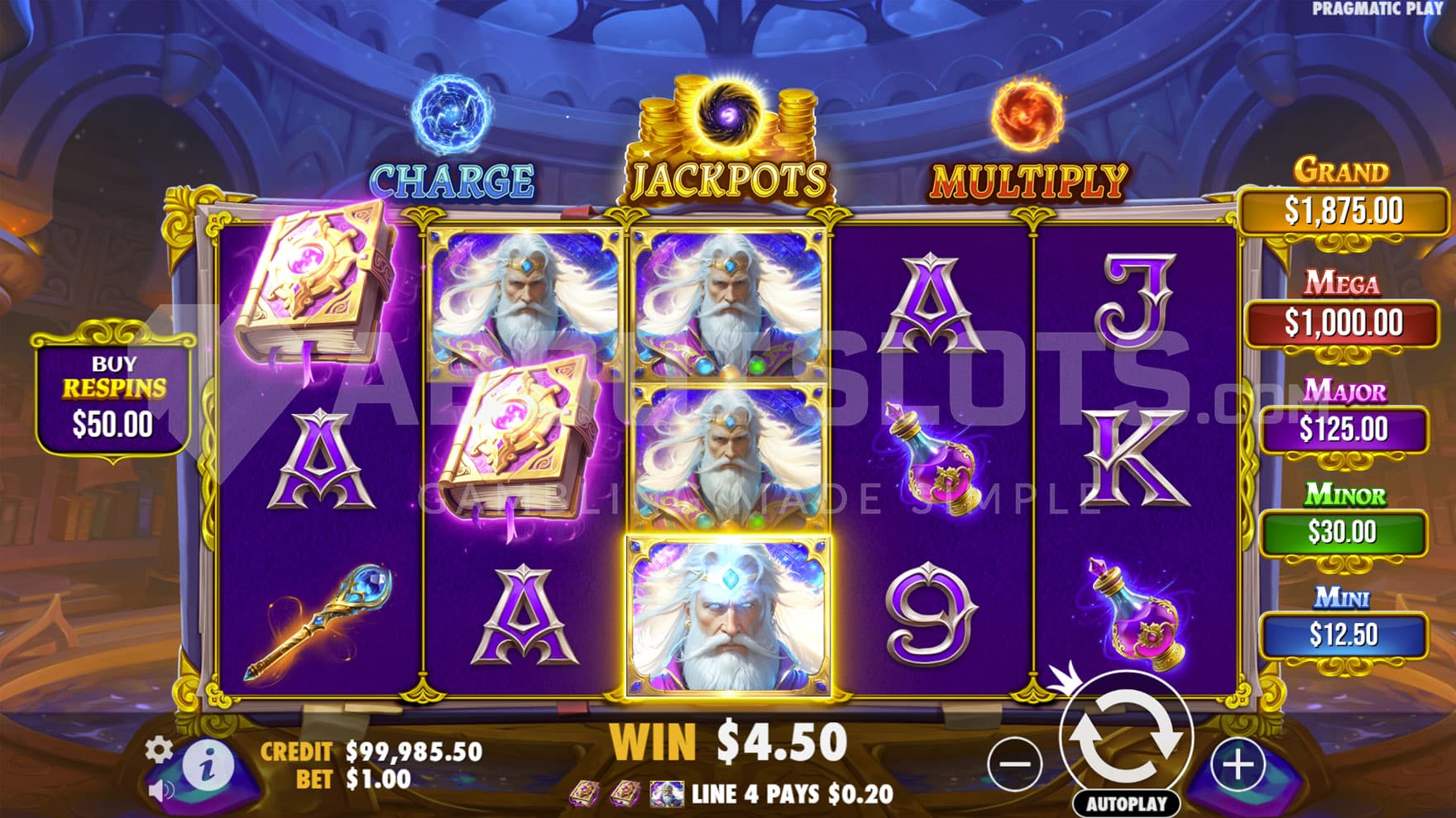 Base Game view of a 5x3 grid on a backdrop of a wizard's laboratory.