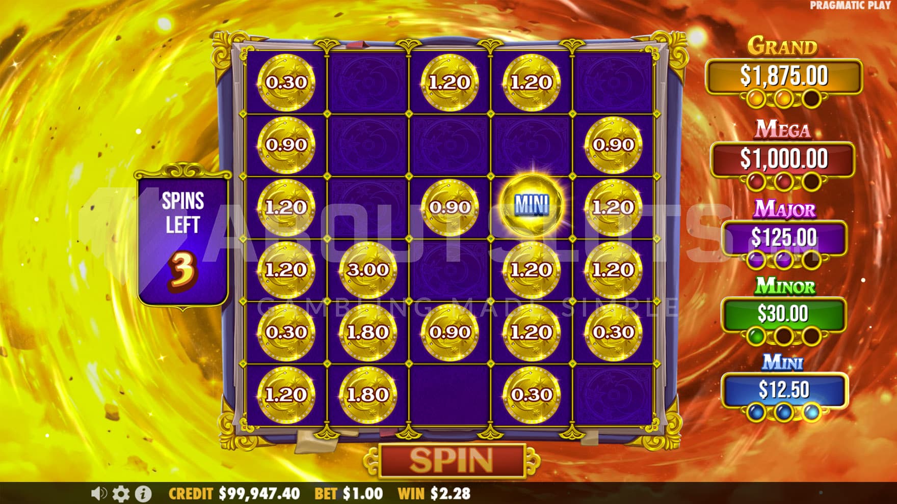 Respins feature in progress, showing multiple Money Symbols on a 5x6 grid and a Mini jackpot being won.