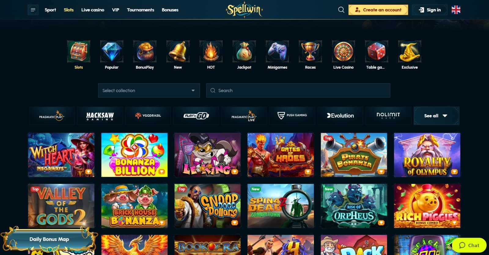 The games page of Spellwin Casino showcases a wide variety of slot games, such as Royalty of Olympus, Snoop Dogg Dollars, and more.