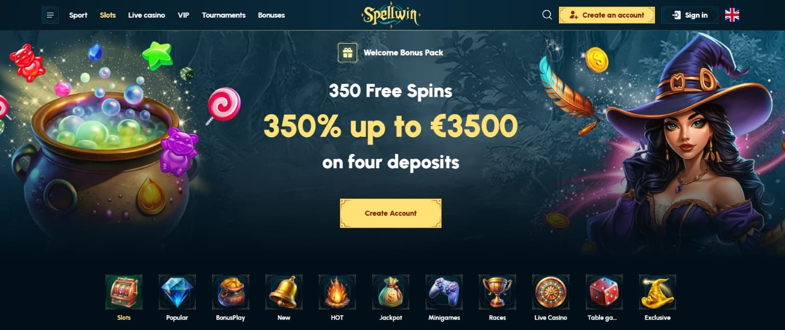 Spellwin Casino’s landing page presents the welcome package of 350% up to 3500 euros and 350 free spins.