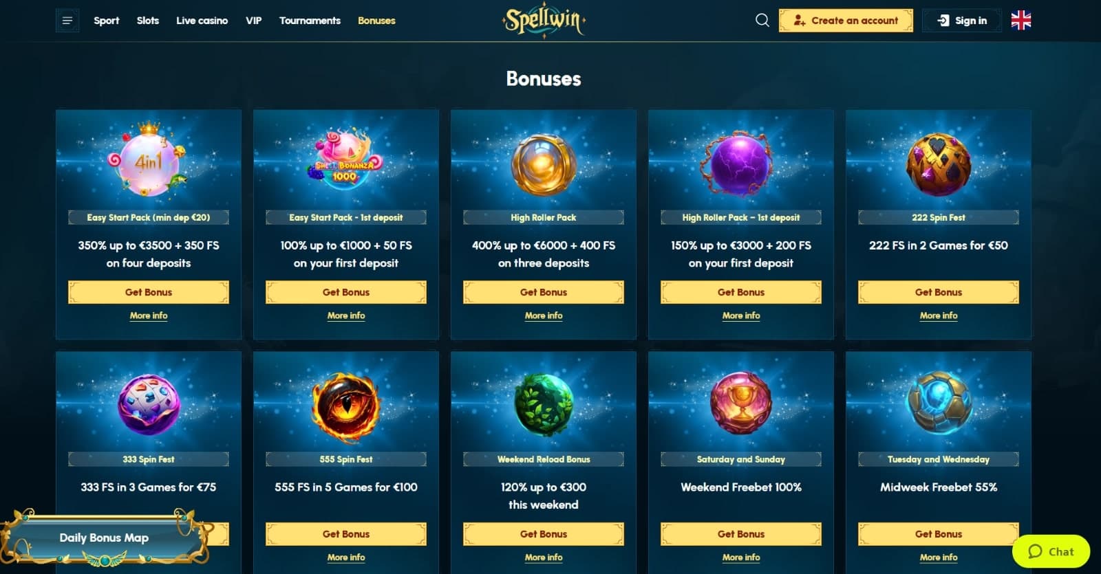 The promotions page of Spellwin Casino displays a wide range of bonuses, such as the welcome bonus, special welcome bonus, and more.