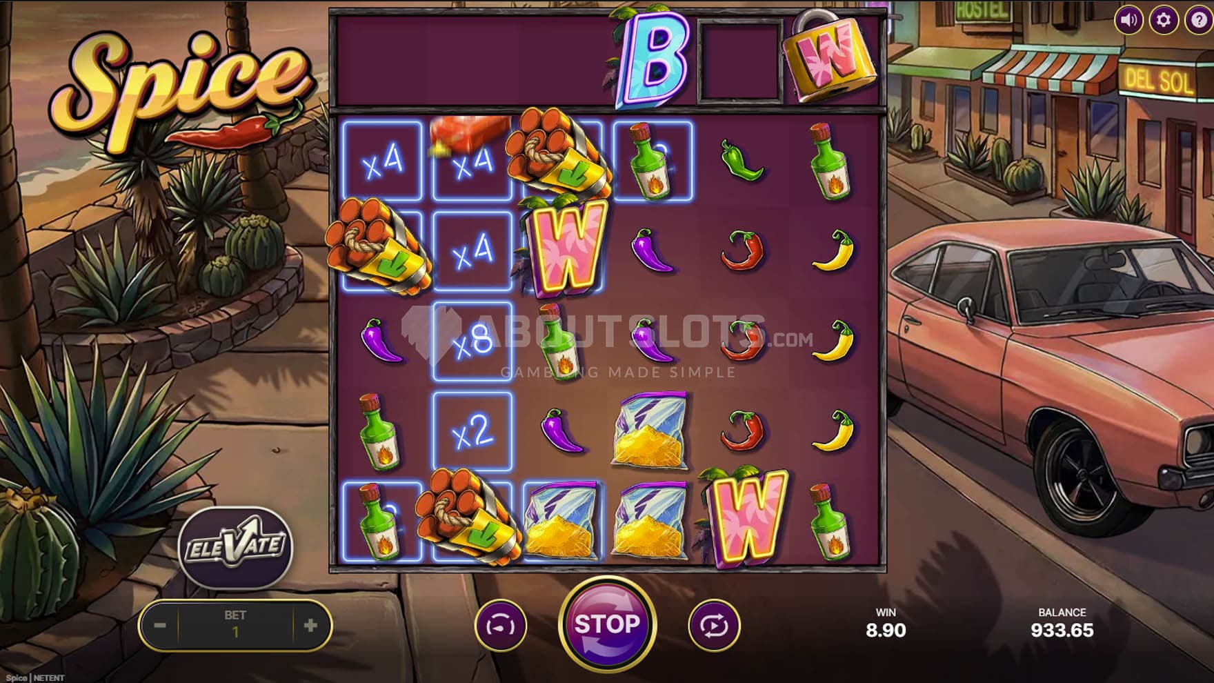 Screenshot of the Feature Lane dropping feature symbols onto the grid during avalanches.