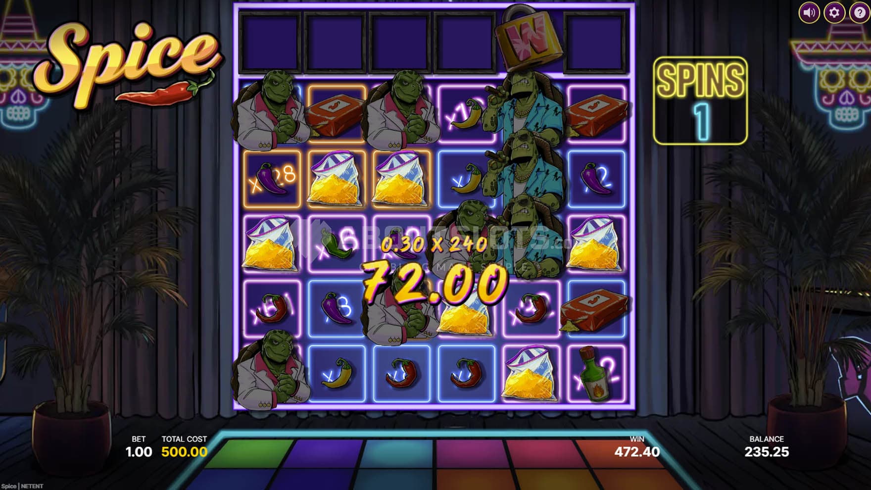 Screenshot of the Super Free Spins bonus in progress, with all grid positions occupied by multipliers.