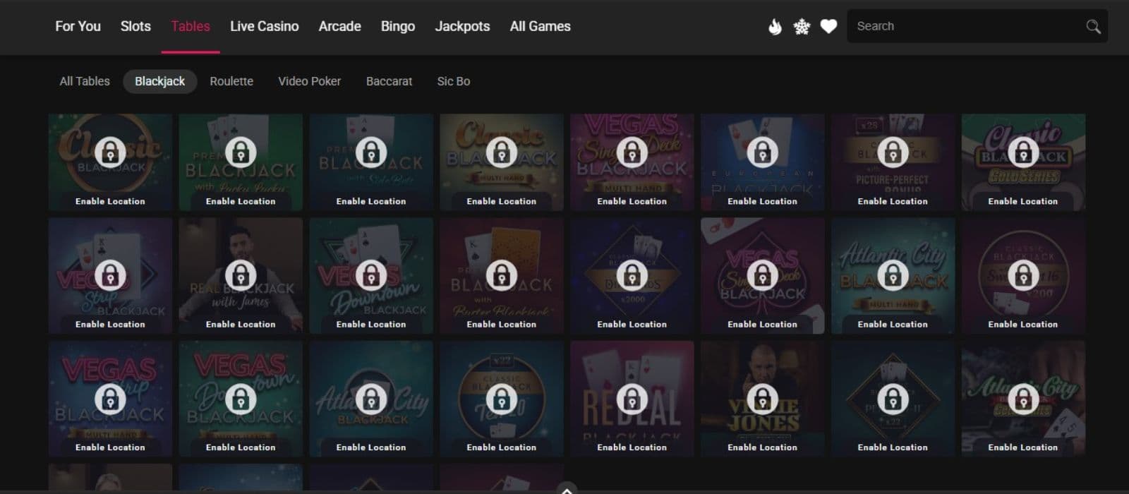 Spin Casino's table games category, showing variations of blackjack.