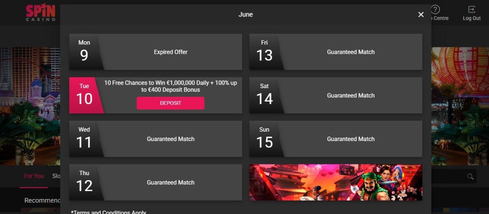 Spin Casino's promotions page, showing the welcome package and other match bonuses.