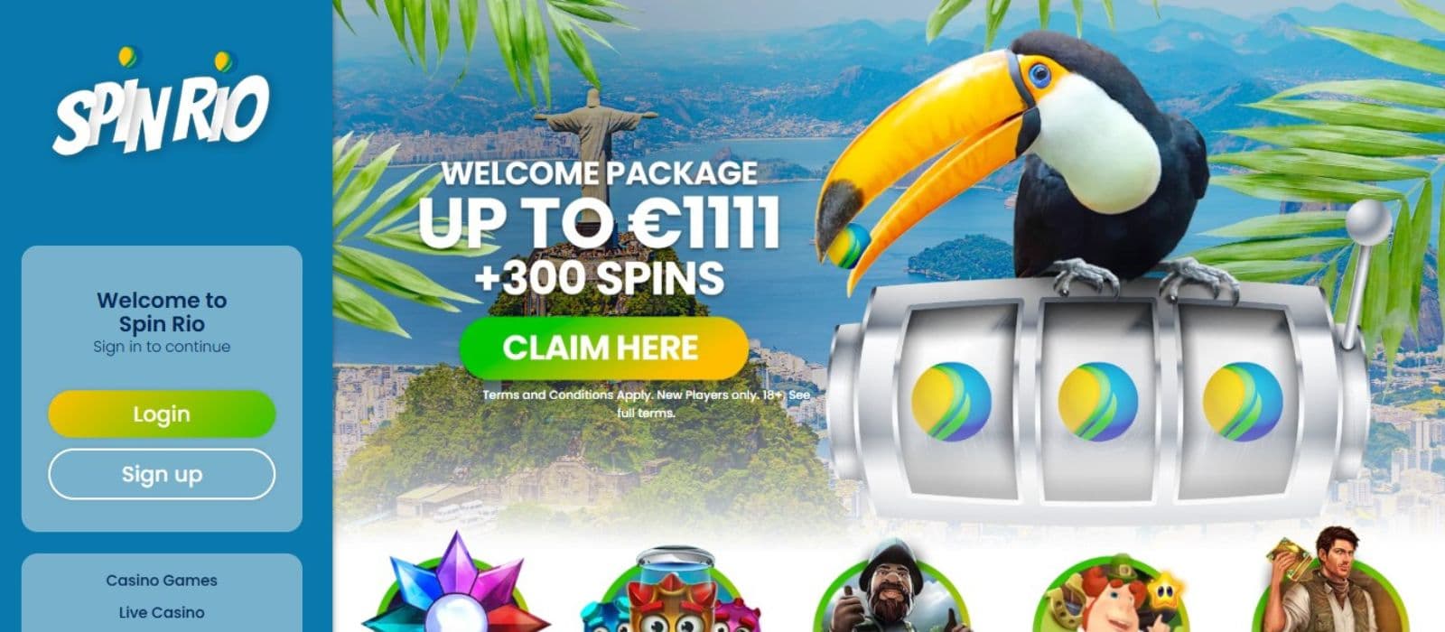 Spin Rio Casino's homepage, showing the welcome package over a background of the city of Rio.