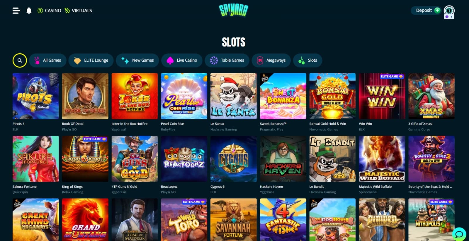 Spinara Casino's Games page displaying the icons of slots titles under the major game categories