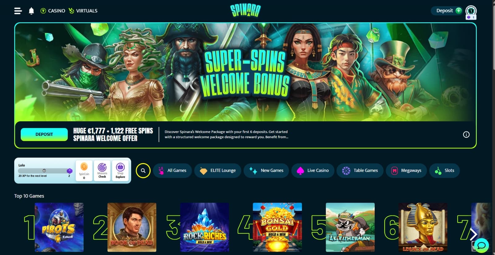 Spinara Casino's landing page featuring the green welcome bonus banner, lobby categories, and top slot games listing