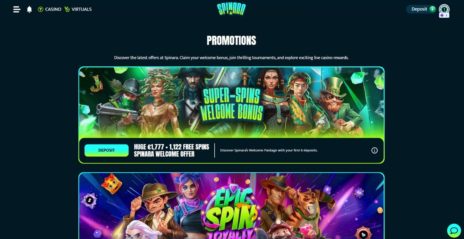 Spinara Casino's promotions page featuring the welcome bonus, Epic spin loyalty program, cashback and slot network tournaments