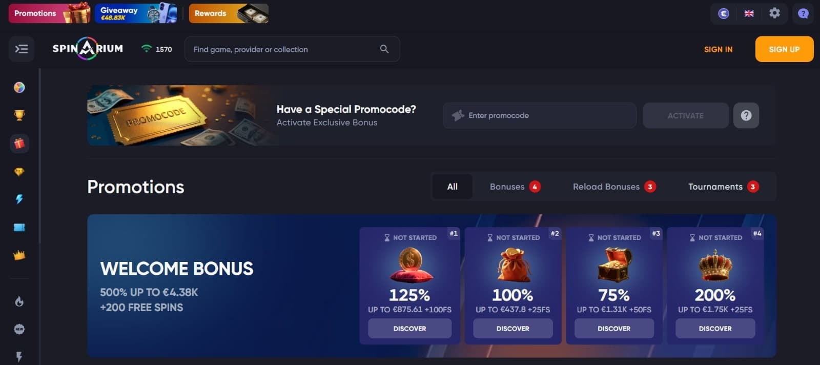 Spinarium Casino promotions page featuring the four part welcome bonus of 4000 euro and 200 free spins