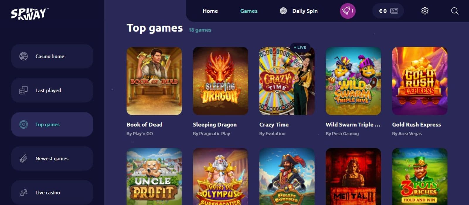 SpinAway Casino's top games page, showing exciting titles, including Book of Dead.